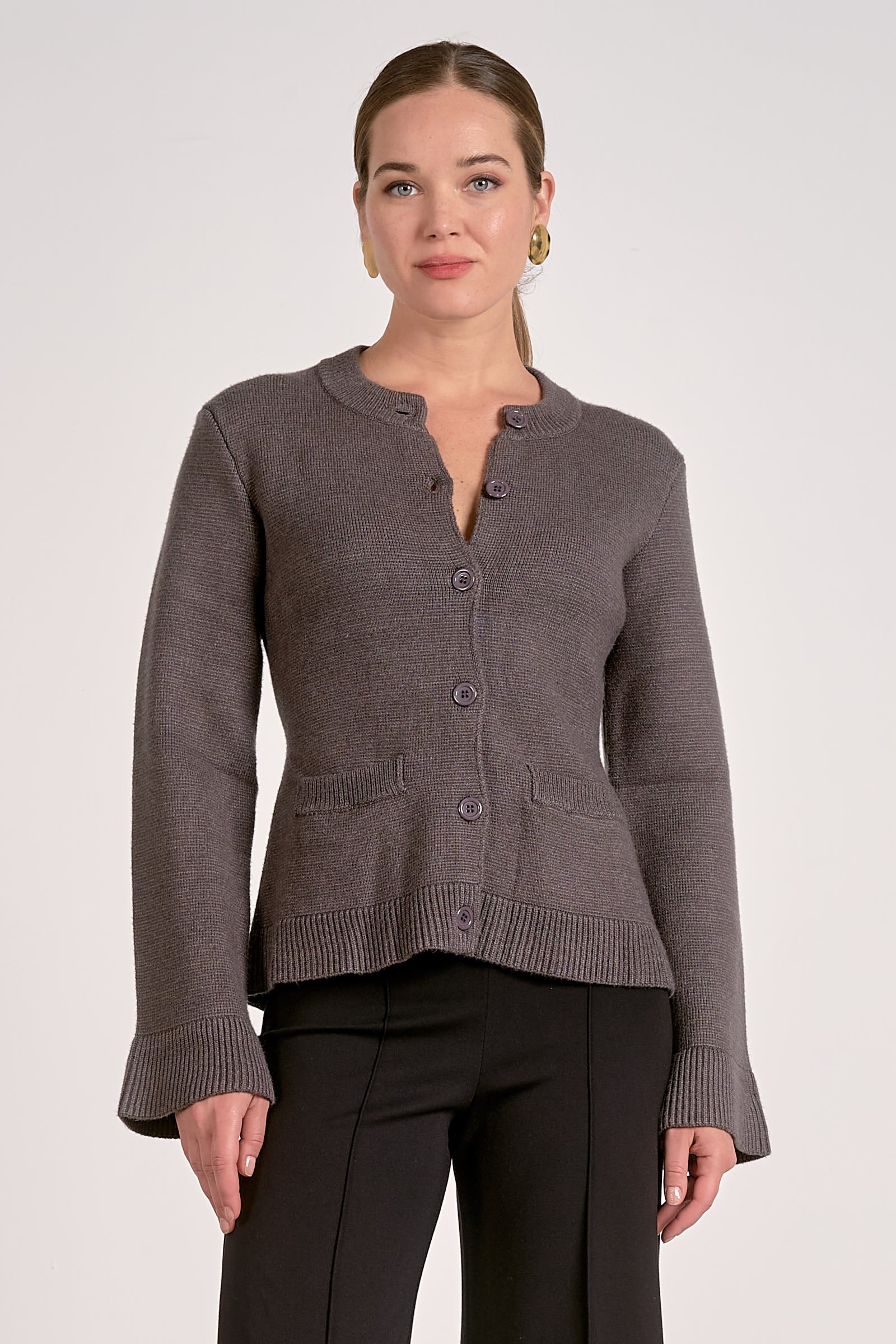 Button Up Crew Neck Sweater with Bell Sleeve- grey