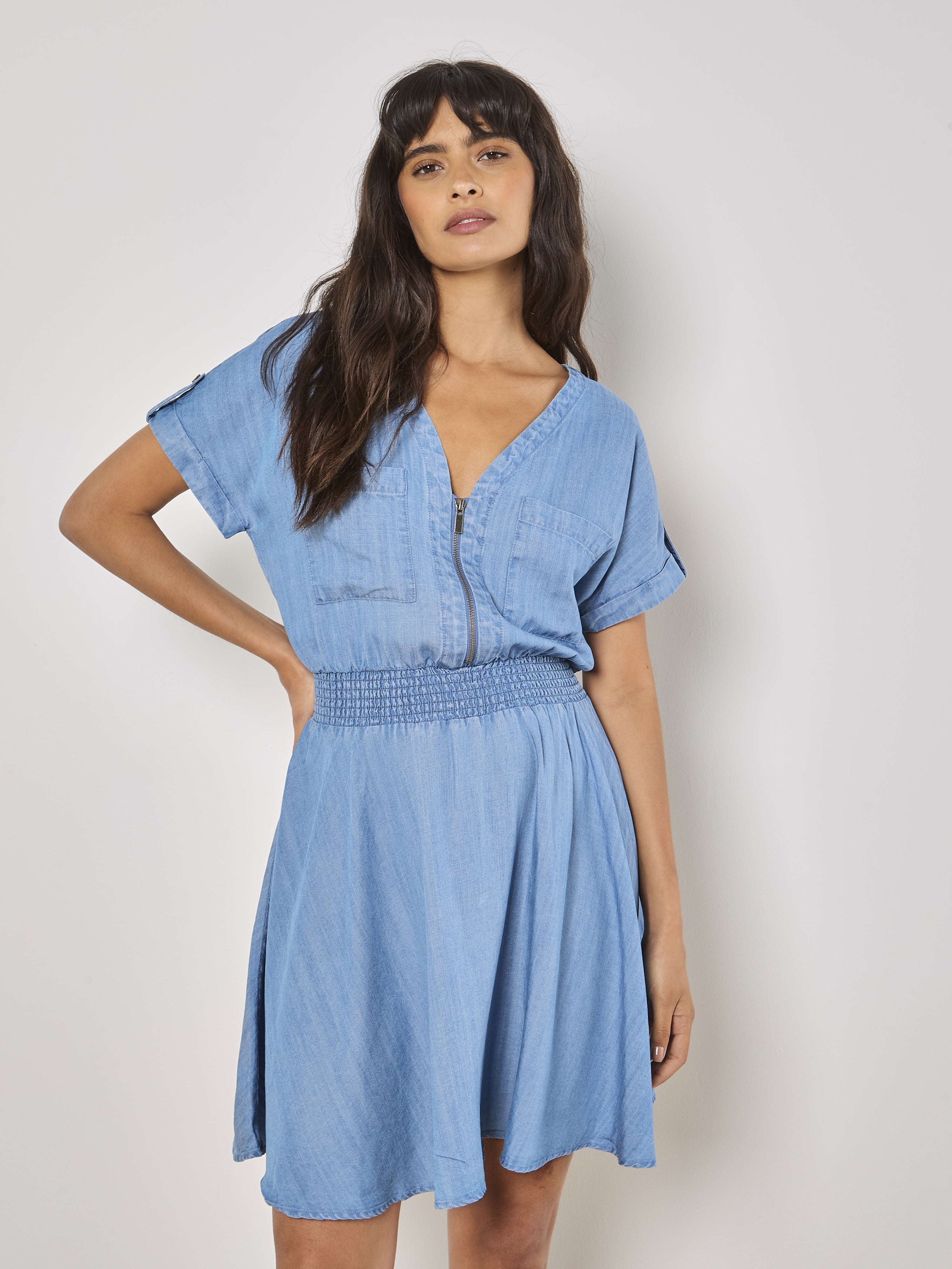 Zip Detail Smock Waist Lyocell Dress