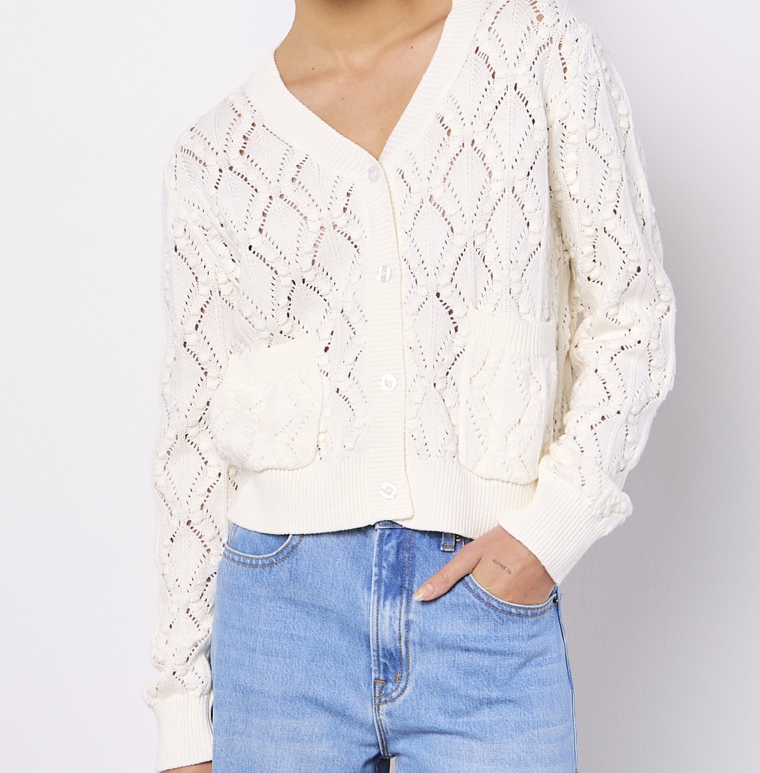 Pointelle Knit Cardigan- Off White
