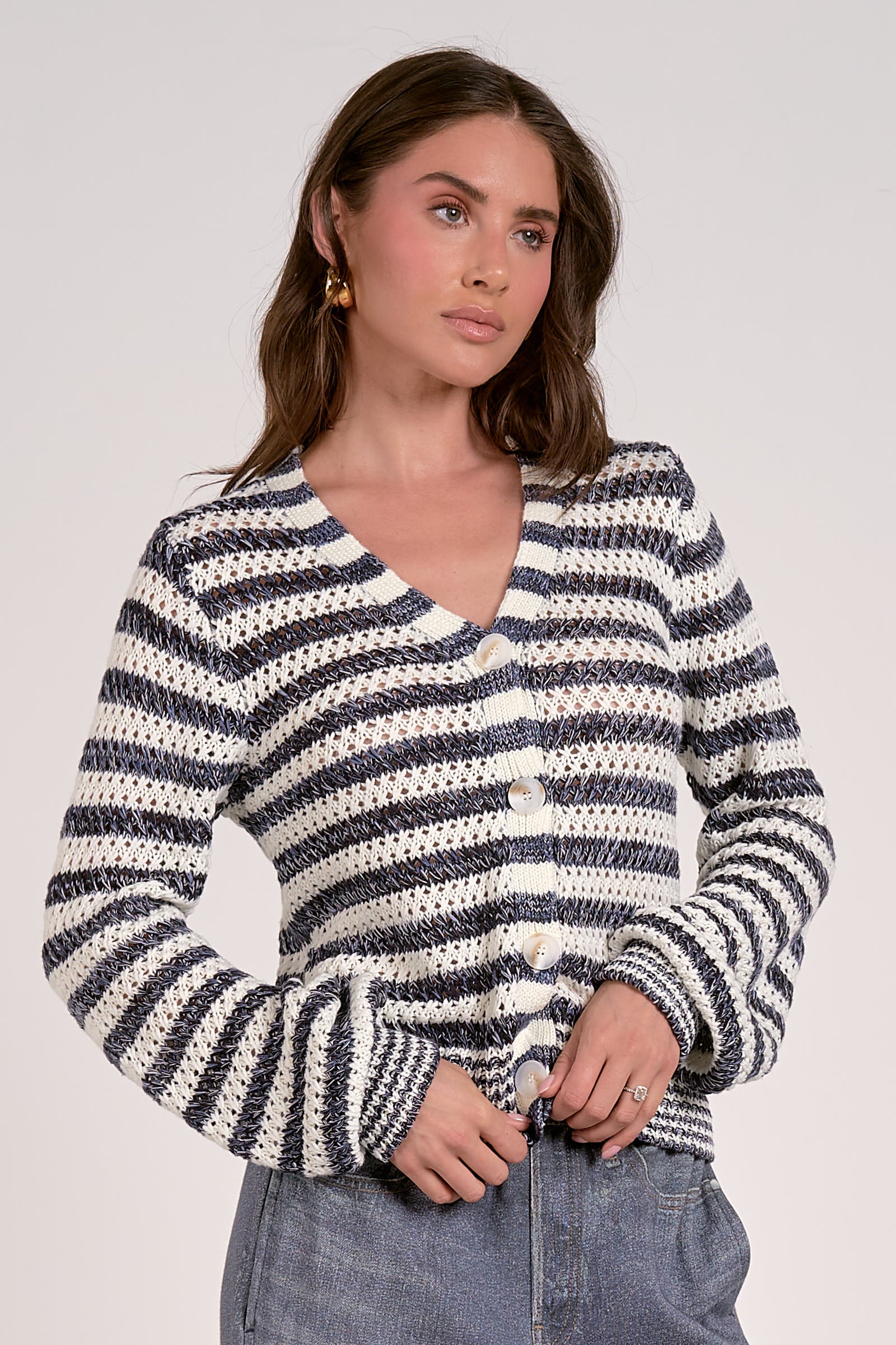 L/S Cardi Striped- Navy