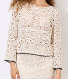 Circles Bell Sleeve Crochet Top- off white