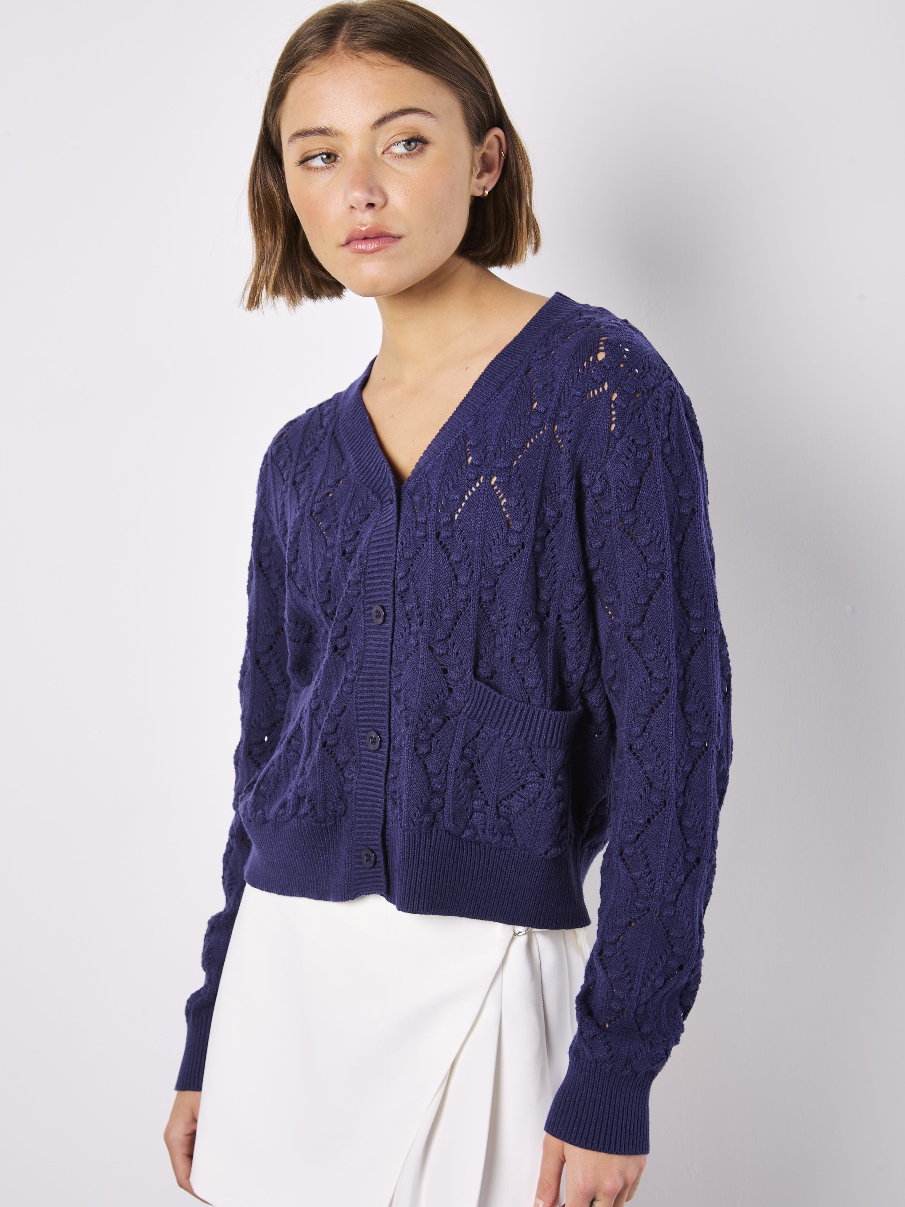 Pointelle Knit Cardi- Navy