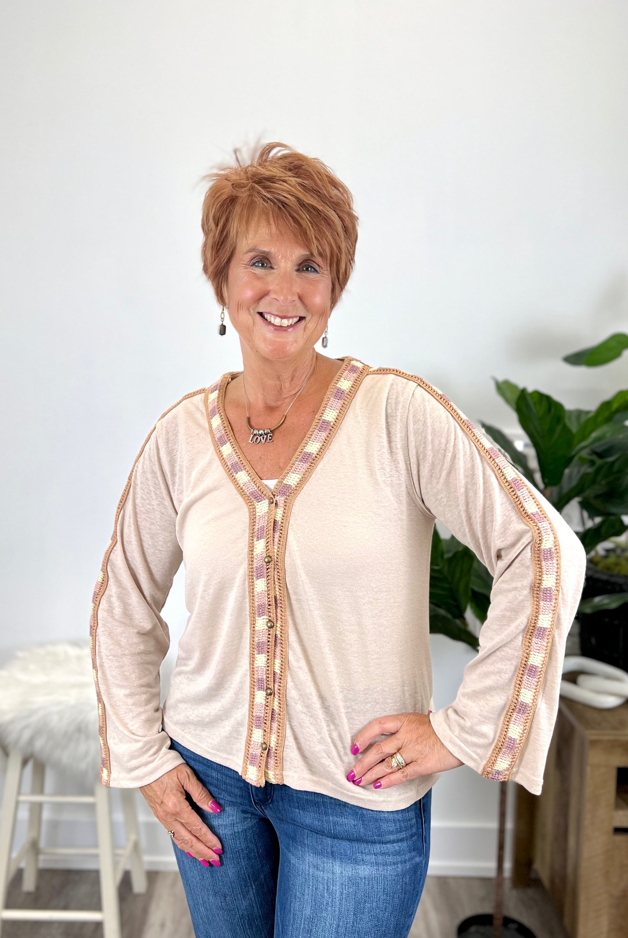 Mainstream Boutique Stillwater Lace Inset V-Neck Top