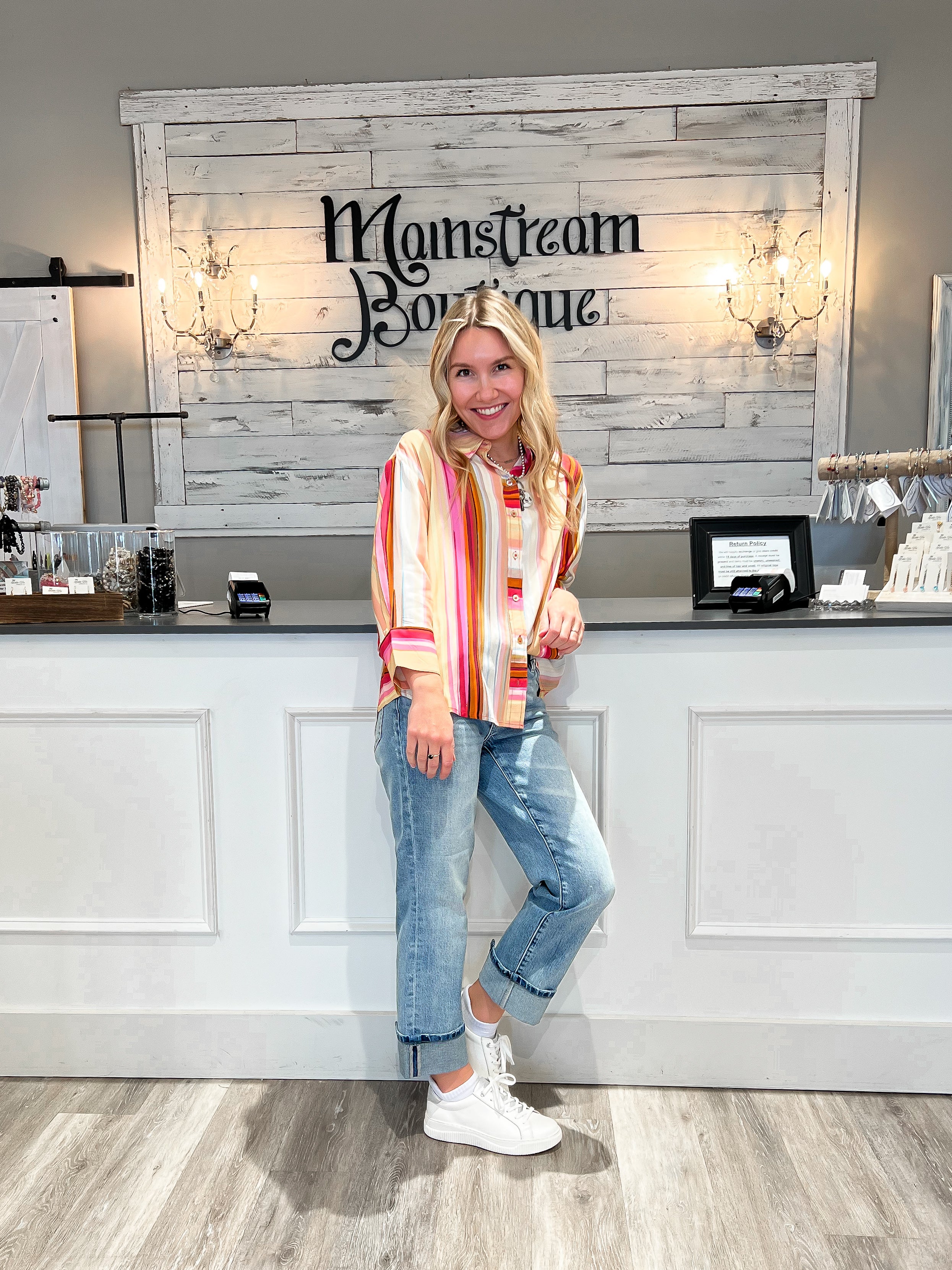 Mainstream Boutique Stillwater Women’s Multi Stripe Berry Blossom Button Up