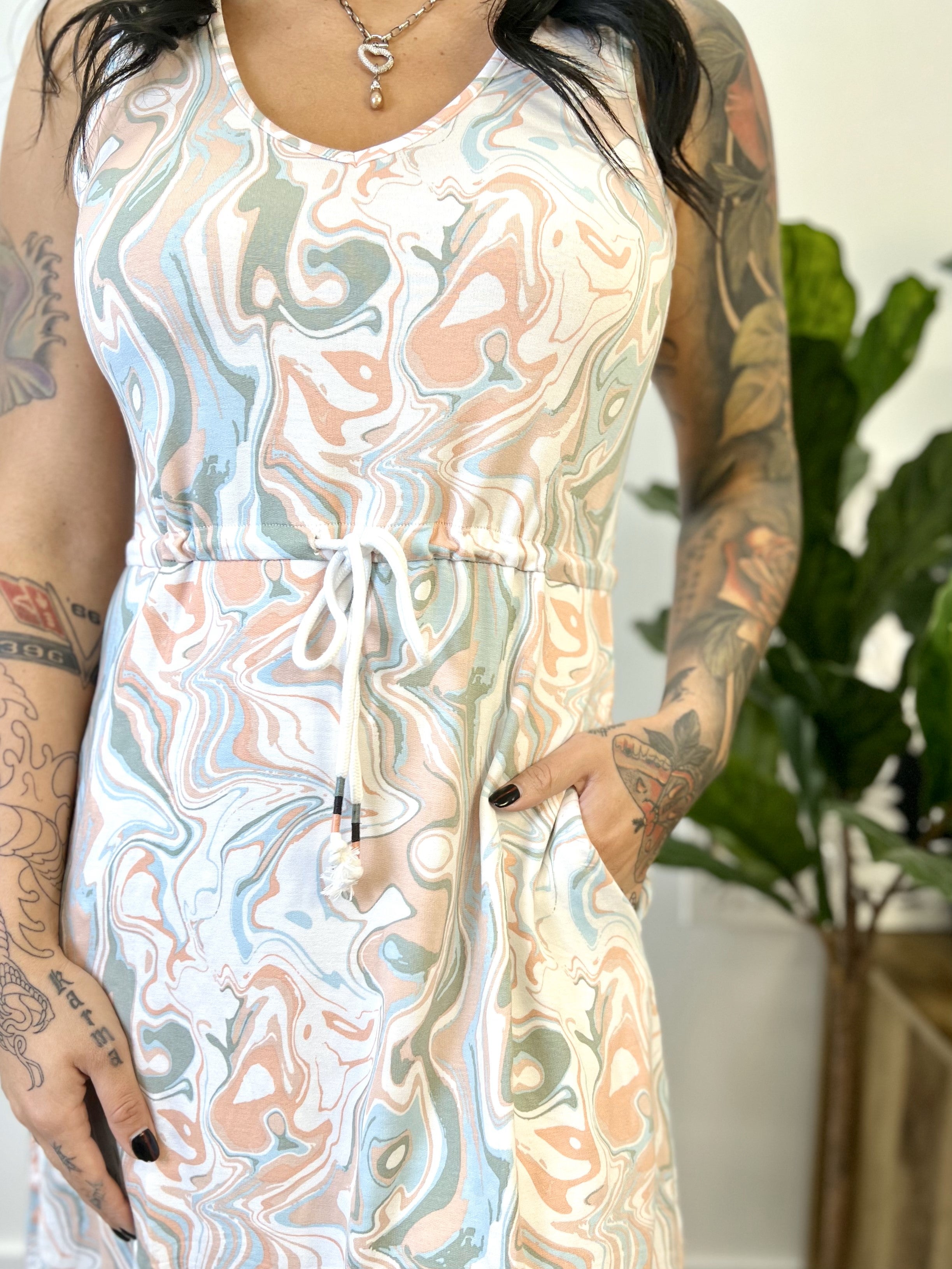 Mainstream Boutique Stillwater Marble Drawstring Dress