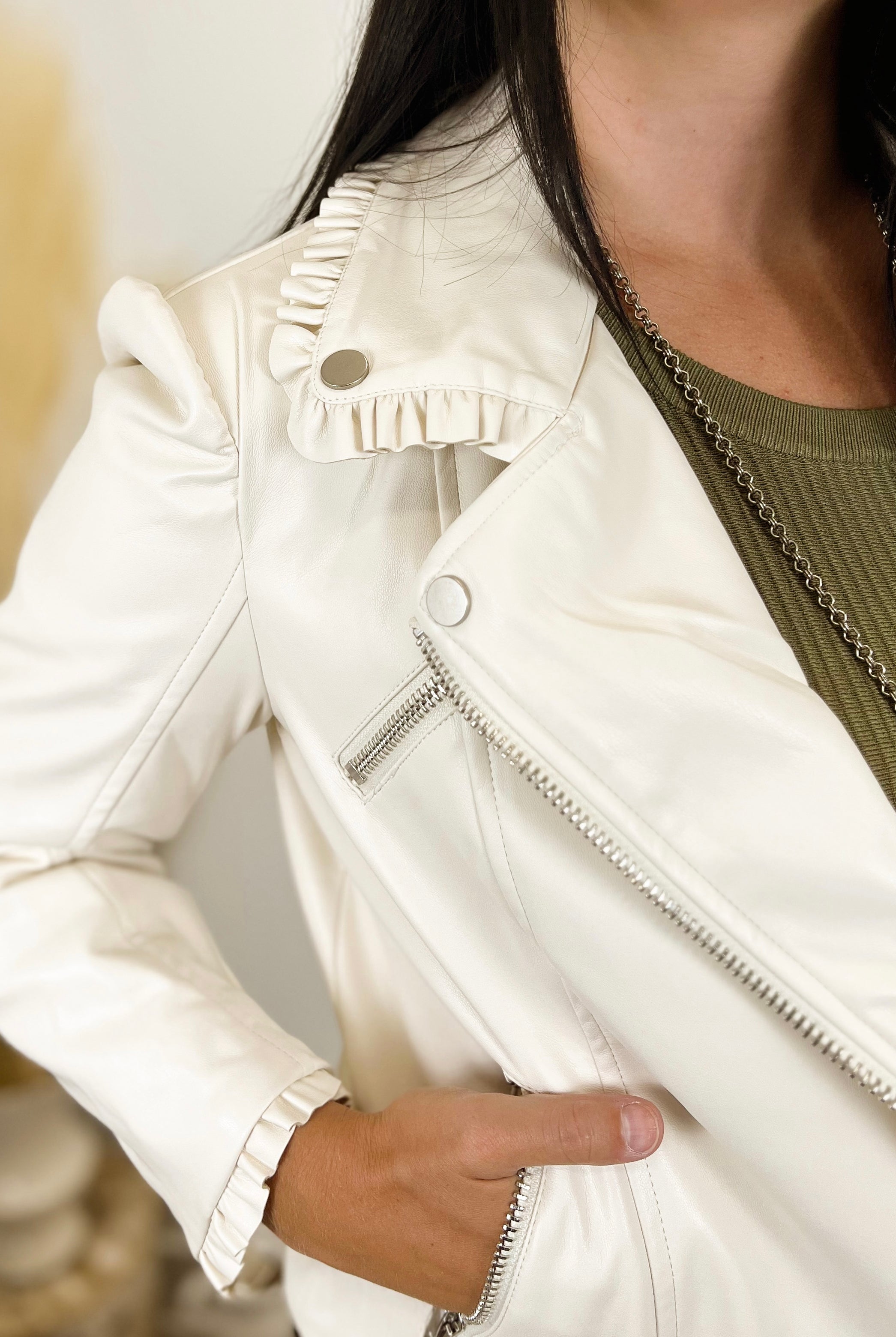 Mainstream Boutique Stillwater Moto Jacket with Ruffle Collar