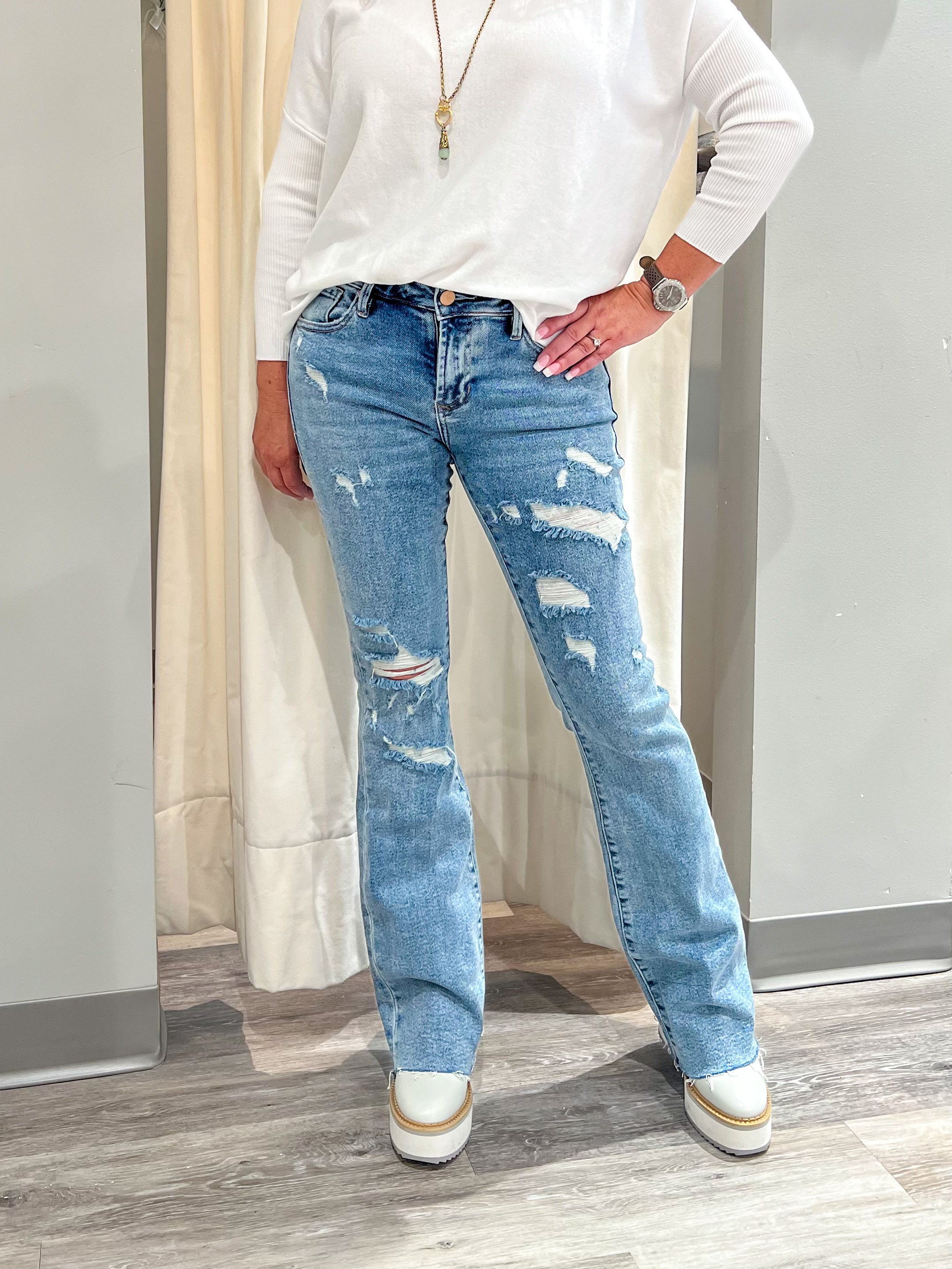 Mainstream Boutique Stillwater Distressed Stretch Bootcut Denim