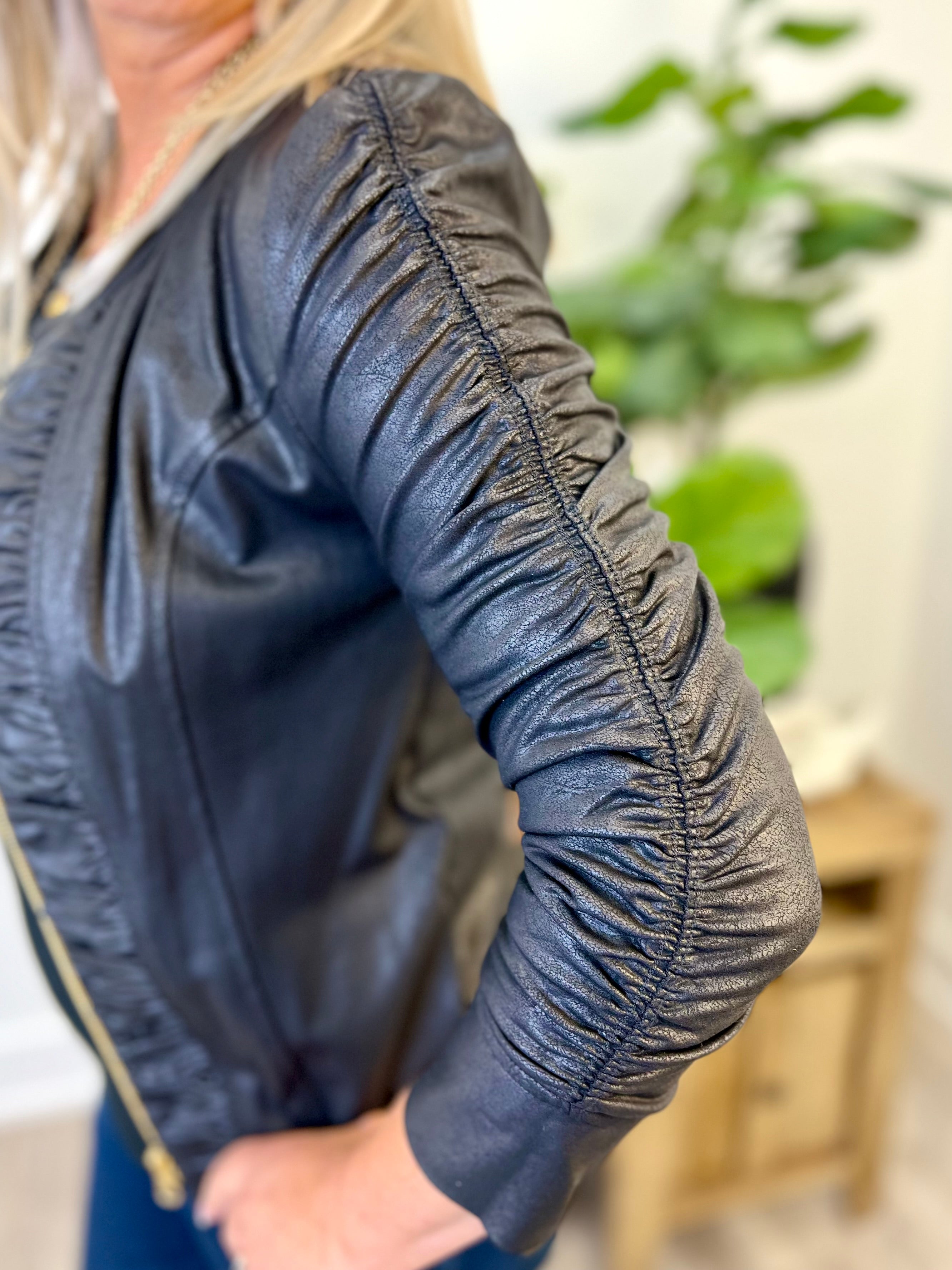 Mainstream Boutique Stillwater Liquid Leather Ruched Sleeve Zip Jacket