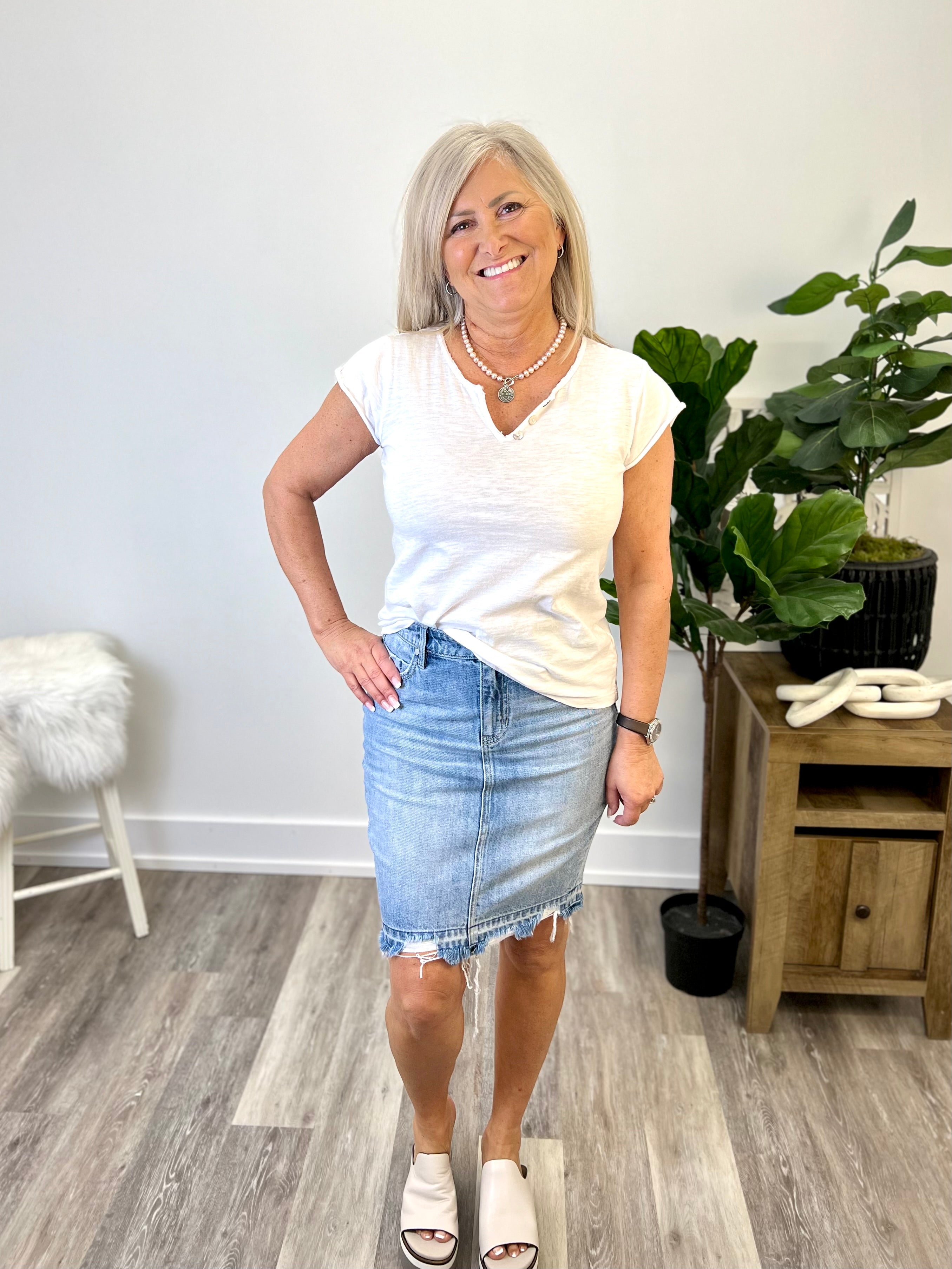 Mainstream Boutique Stillwater Denim Skirt with Distressed Hem