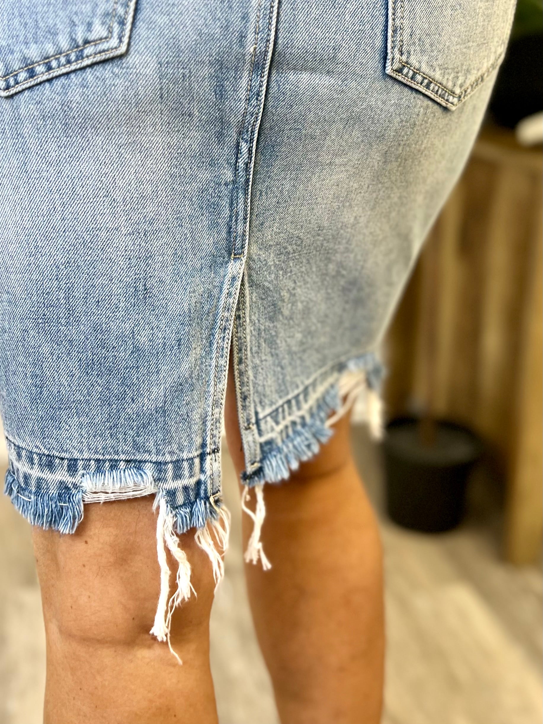 Mainstream Boutique Stillwater Denim Skirt with Distressed Hem