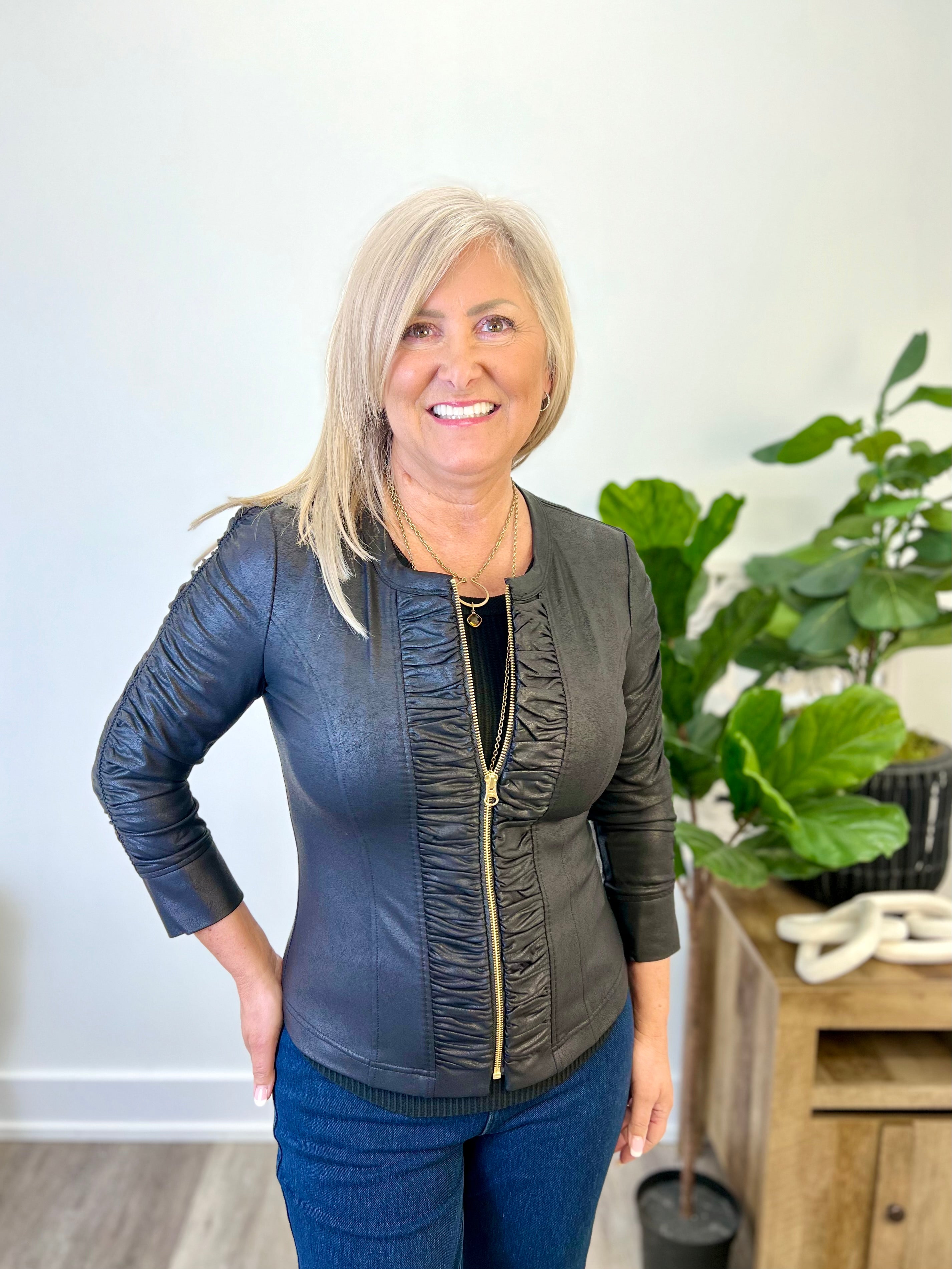 Mainstream Boutique Stillwater Liquid Leather Ruched Sleeve Zip Jacket