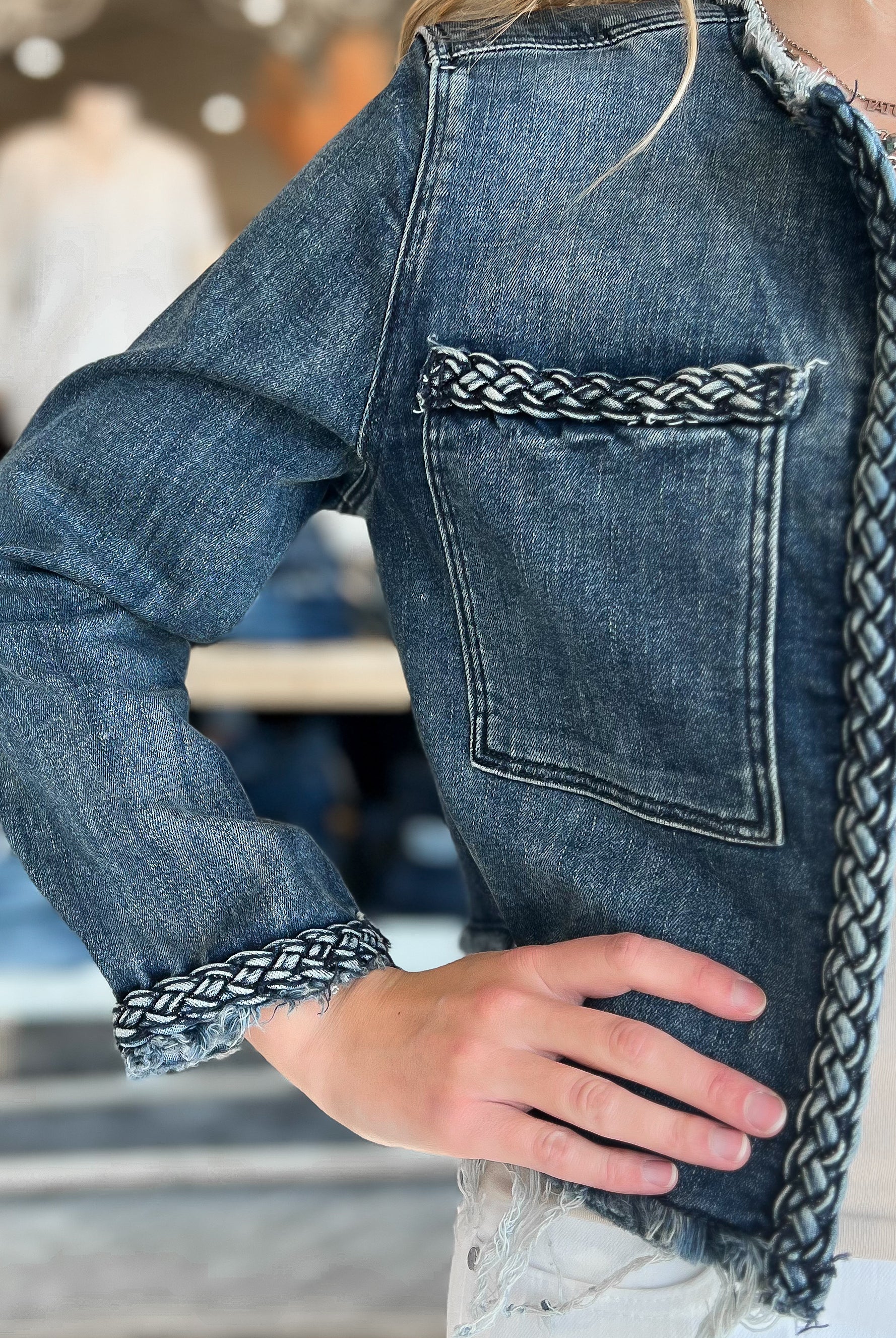 Mainstream Boutique Stillwater Women’s Denim Jacket with Braided Detail